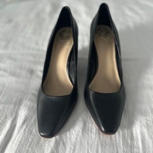 Vince Camuto Black Leather Pump with Wedge Wood Heel and Square Toe